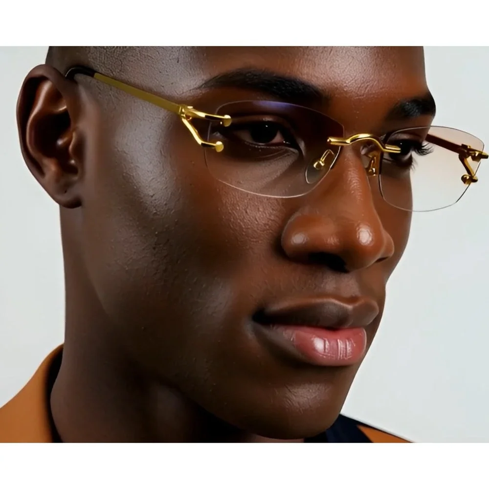 Rimless Sunglasses Gold Frame‎ Rectangle Lens Fashion Eyewear Men